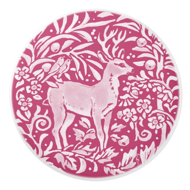 Magenta Deer Bird Floral Forest Woodland Nature Ceramic Knob (Front)