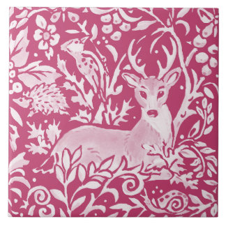 Magenta Deer Hedgehog Bird Nature Woodland Floral Ceramic Tile