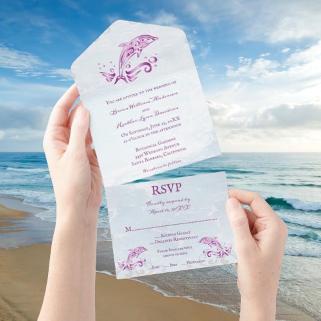 Magenta Dolphin All in One Wedding Invite (Magenta Dolphin All in One Wedding Invite)