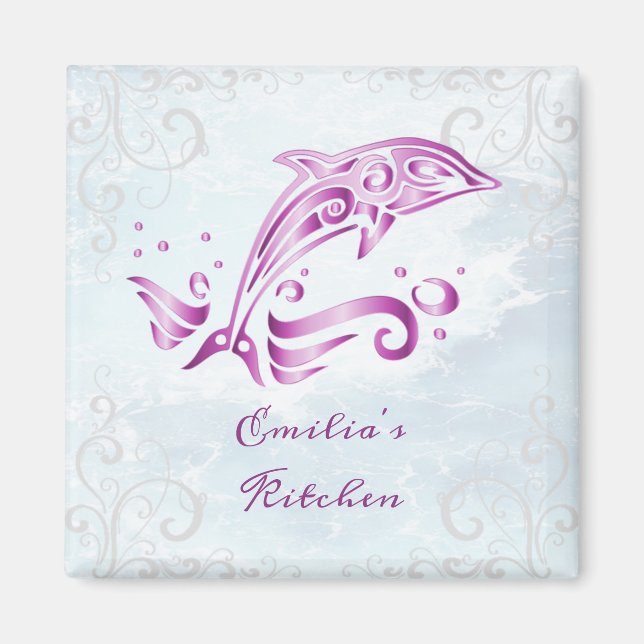 Magenta Dolphin Personalised Magnet (Front)