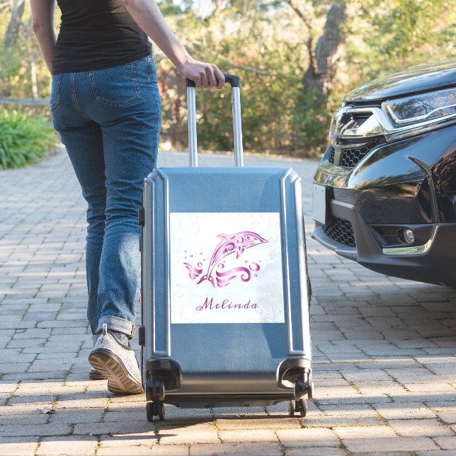 Magenta Dolphin Vinyl Sticker (Suitcase Insitu)