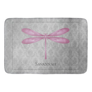 Magenta Dragonfly Damask Bath Mat