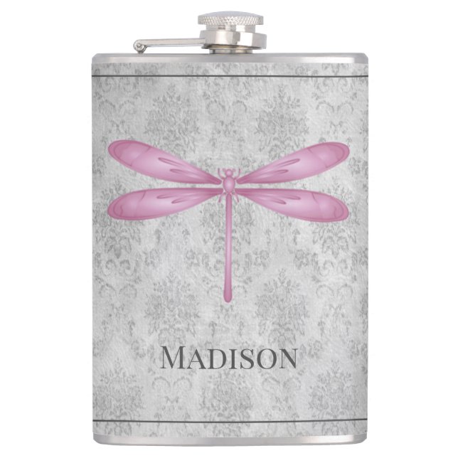 Magenta Dragonfly Damask Flask (Front)
