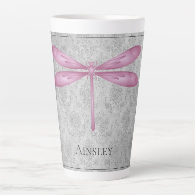 Magenta Dragonfly Damask Latte Mug (Front)