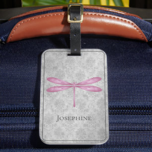 Magenta Dragonfly Damask Luggage Tag