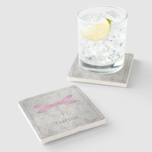 Magenta Dragonfly Damask Stone Coaster