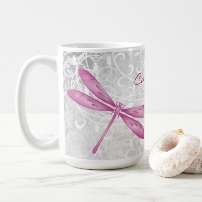 Magenta Dragonfly Personalised Coffee Mug (With Donut)
