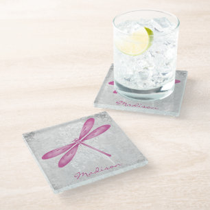 Magenta Dragonfly Personalised Glass Coaster