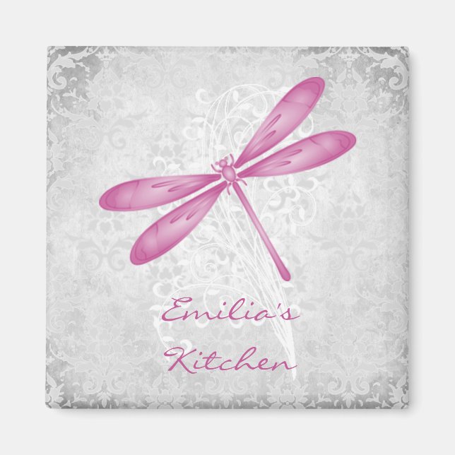 Magenta Dragonfly Personalised Magnet (Front)