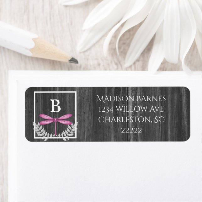 Magenta Dragonfly Rustic Label Return Address Label (Insitu)