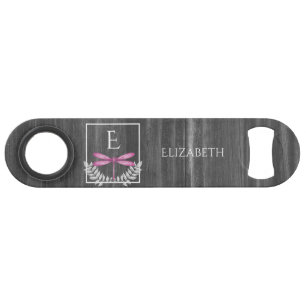 Magenta Dragonfly Rustic Personalised Bar Key