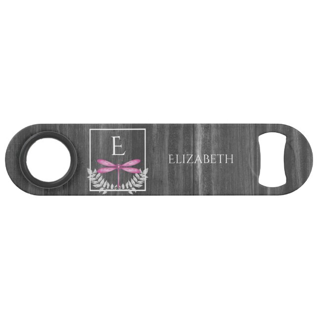 Magenta Dragonfly Rustic Personalised Bar Key (Front (Horizontal))