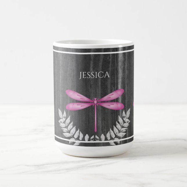 Magenta Dragonfly Rustic Personalised Coffee Mug (Center)