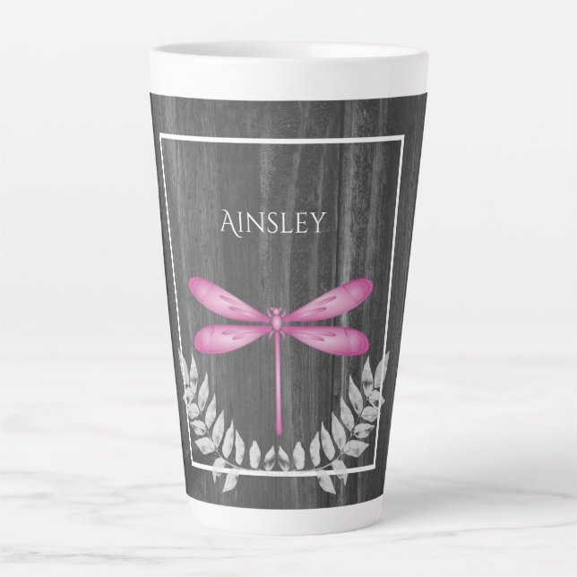 Magenta Dragonfly Rustic Personalised Latte Mug (Front)