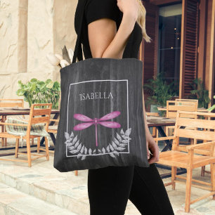 Magenta Dragonfly Rustic Personalised Tote Bag