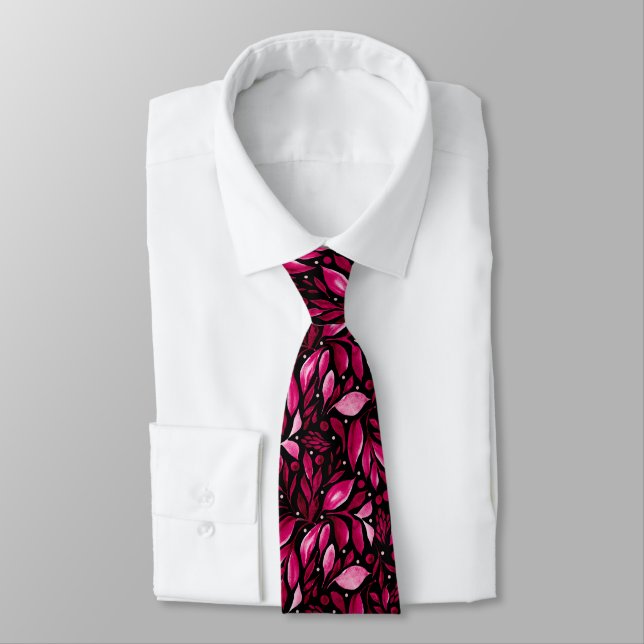 Magenta Dream - Black & Burgundy Botanical Tie (Tied)
