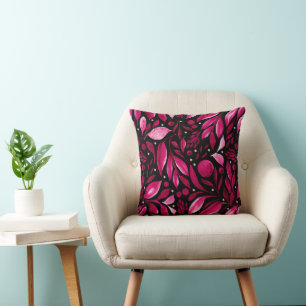 Magenta Dream-Cool Red & Pink on  Black Botanical Cushion