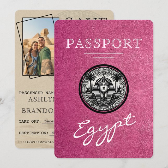 Magenta Egypt Passport Wedding Save the Date (Front/Back)