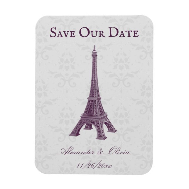 Magenta Eiffel Tower Damask Save The Date Magnet (Vertical)