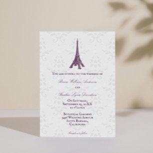 Magenta Eiffel Tower Damask Wedding Invitation