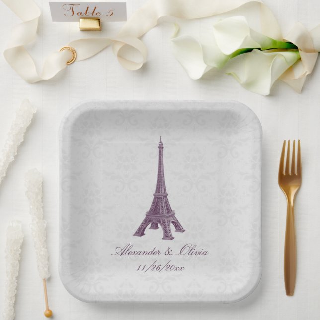 Magenta Eiffel Tower Damask Wedding Shower Paper Plate (Wedding)