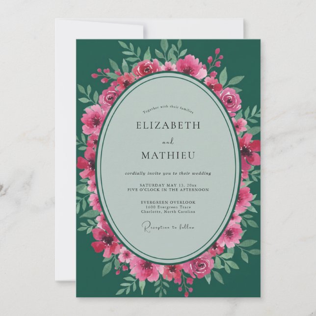 Magenta Emerald Leafy Wedding Invitation (Front)