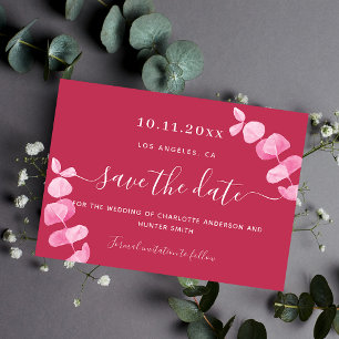 Magenta eucalyptus wedding save the date