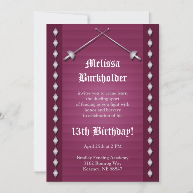 Magenta Fencing Birthday Party Invitation (Front)