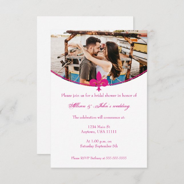 Magenta Fleur de Lis Photo Bridal Shower Invite (Front/Back)