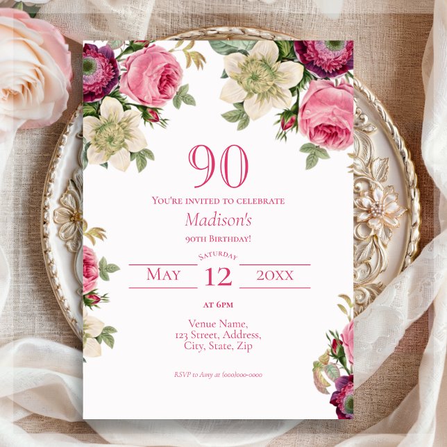 Magenta Floral 90th Birthday Invitation (Creator Uploaded)