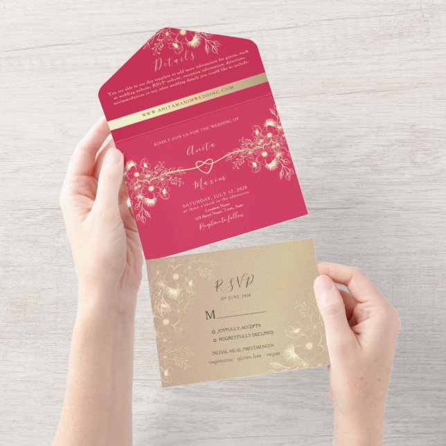 Magenta Floral All-in-One Wedding Invite (Tearaway)