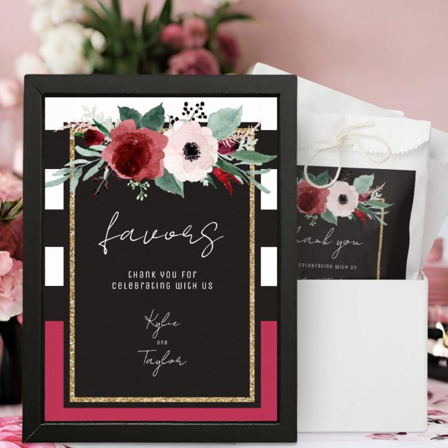 Magenta Floral Black White Stripe Wedding Favour Poster (Creator Uploaded)