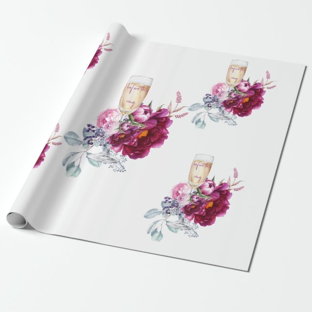 Magenta Floral Champagne Before the Ring Wedding Wrapping Paper (Unrolled)