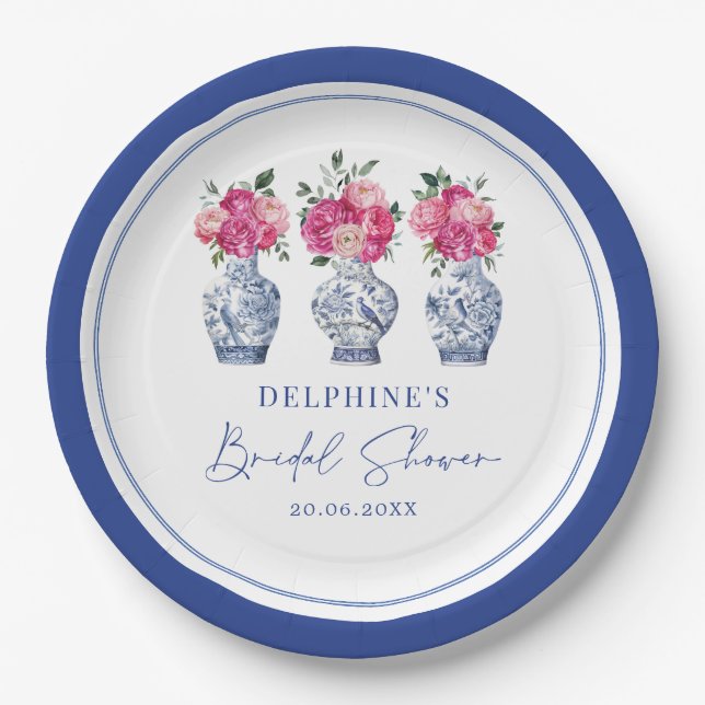 Magenta Floral Chinoiserie Porcelain Bridal Shower Paper Plate (Front)