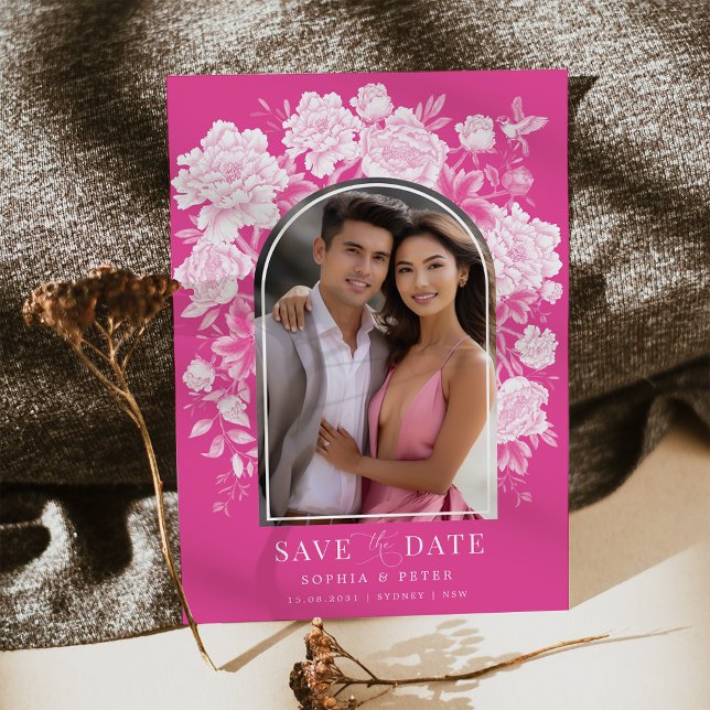 Magenta Floral Chinoiserie Wedding Save the Date Invitation (Creator Uploaded)