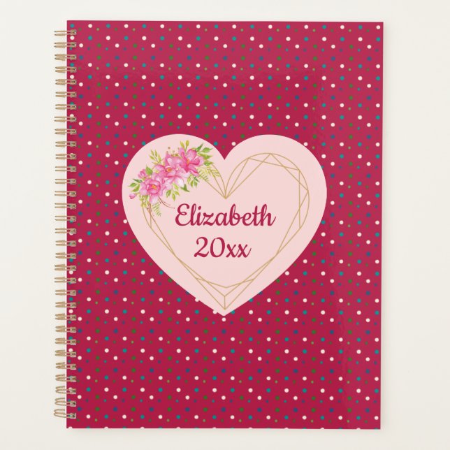 Magenta Floral Golden Heart Personalized Planner (Front)