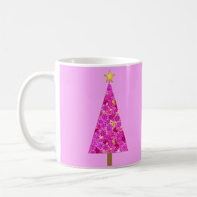 Magenta Floral Modern Christmas Tree Coffee Mug (Left)