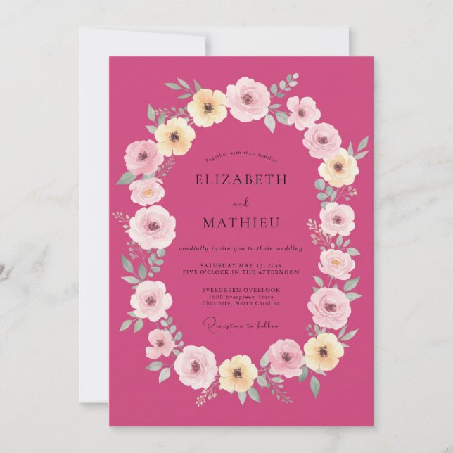 Magenta Floral Romantic Spring Wedding Invitation (Front)