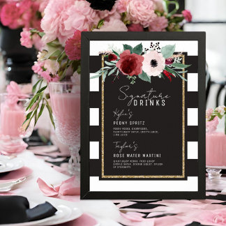 Magenta Floral Stripes Signature Drinks Wedding Poster
