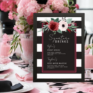 Magenta Floral Stripes Signature Drinks Wedding Poster