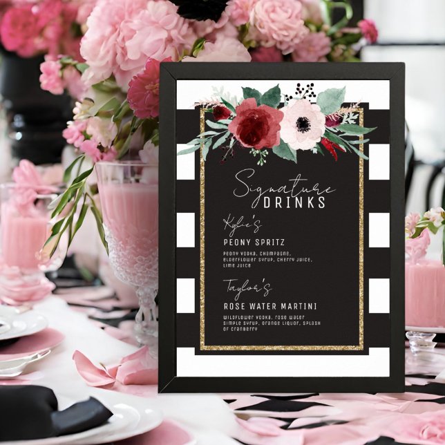 Magenta Floral Stripes Signature Drinks Wedding Poster (Creator Uploaded)