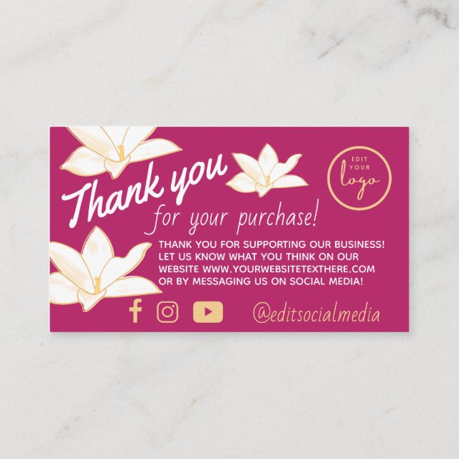 Magenta Floral Thank you for Business Enclosure Card (Back)