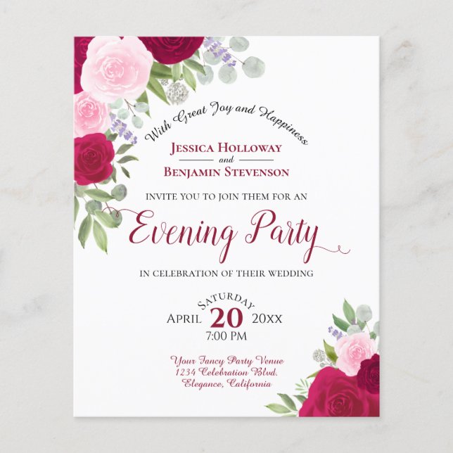 Magenta Floral Wedding Evening Party Budget Invite (Front)