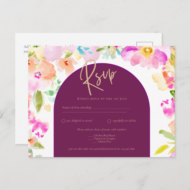 Magenta Floral Wedding Postcard (Front/Back)