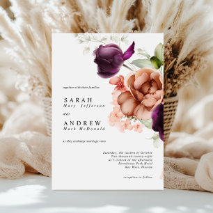 Magenta Flowers Modern Minimal Wedding Invitation