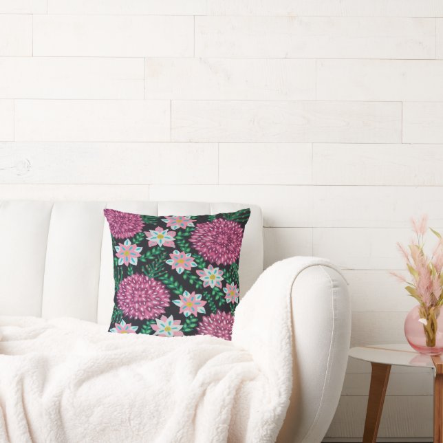 Magenta Flowers on Black Cushion (Couch)
