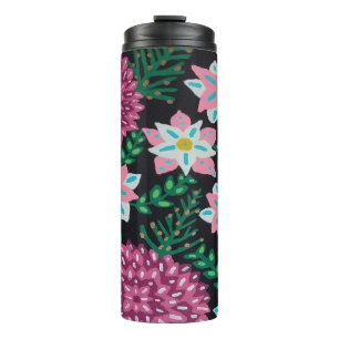 Magenta Flowers on Black Thermal Tumbler