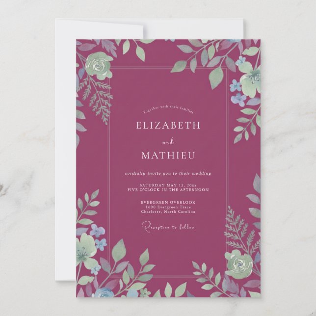 Magenta Foliage Eucalyptus Wedding Invitation (Front)