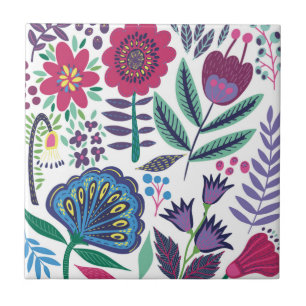 Magenta Folk Art Floral Pattern Ceramic Tile