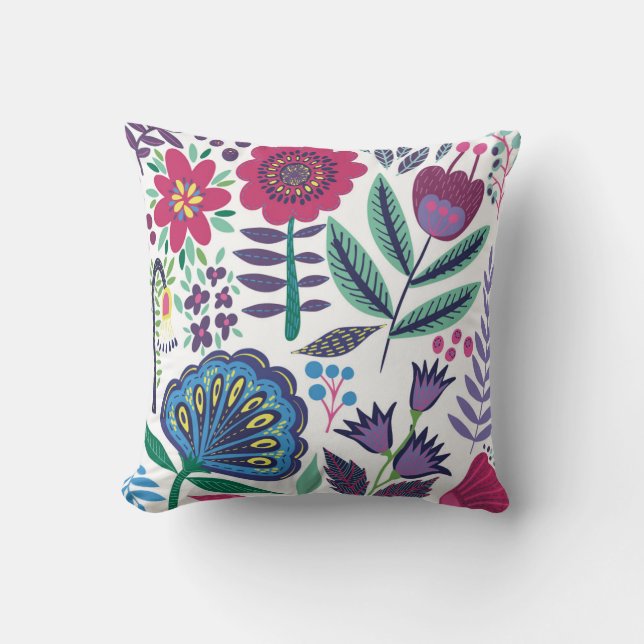 Magenta Folk Art Floral Pattern Cushion (Front)